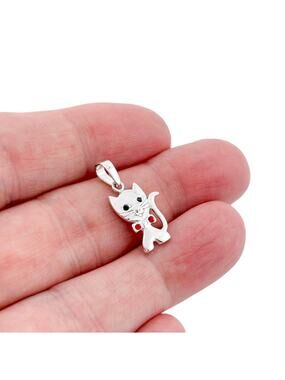 Vintage JEZ Thailand Sterling Silver 925 Crystal Eye Cat Pendant